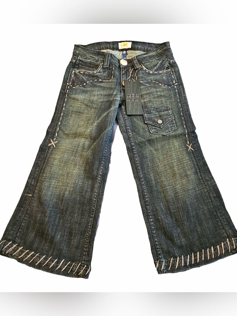 vintage deadstock y2k 2000s ANTIK batik blackout low rise denim capri denim blue